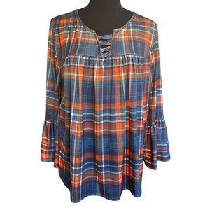 Lily Blue and Orange Plaid Top Size S Bell Sleeve Fall Bohemian